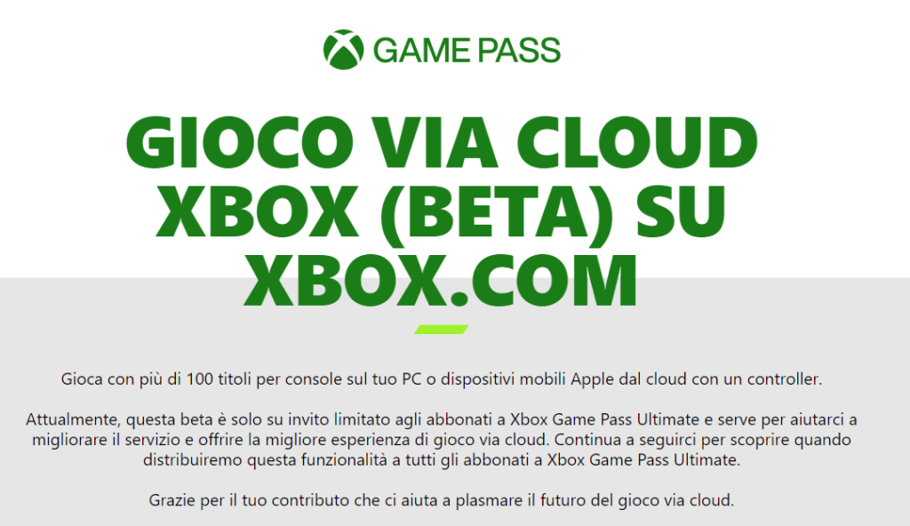 Xbox Game Pass Ultimate Cloud Gaming Su PC e iOS