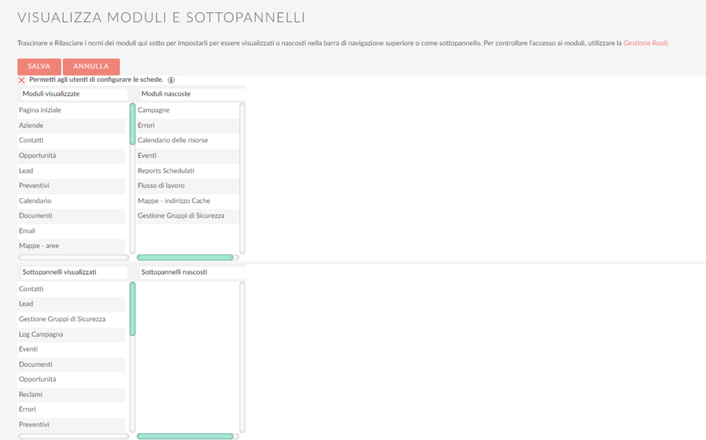 Suite Crm Moduli nascosti e Moduli Visualizzati Disabilitare