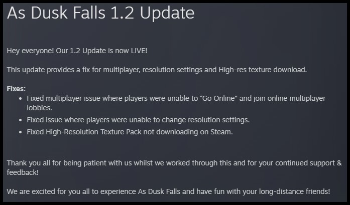 As Dusk Falls v.1.2 patch notes