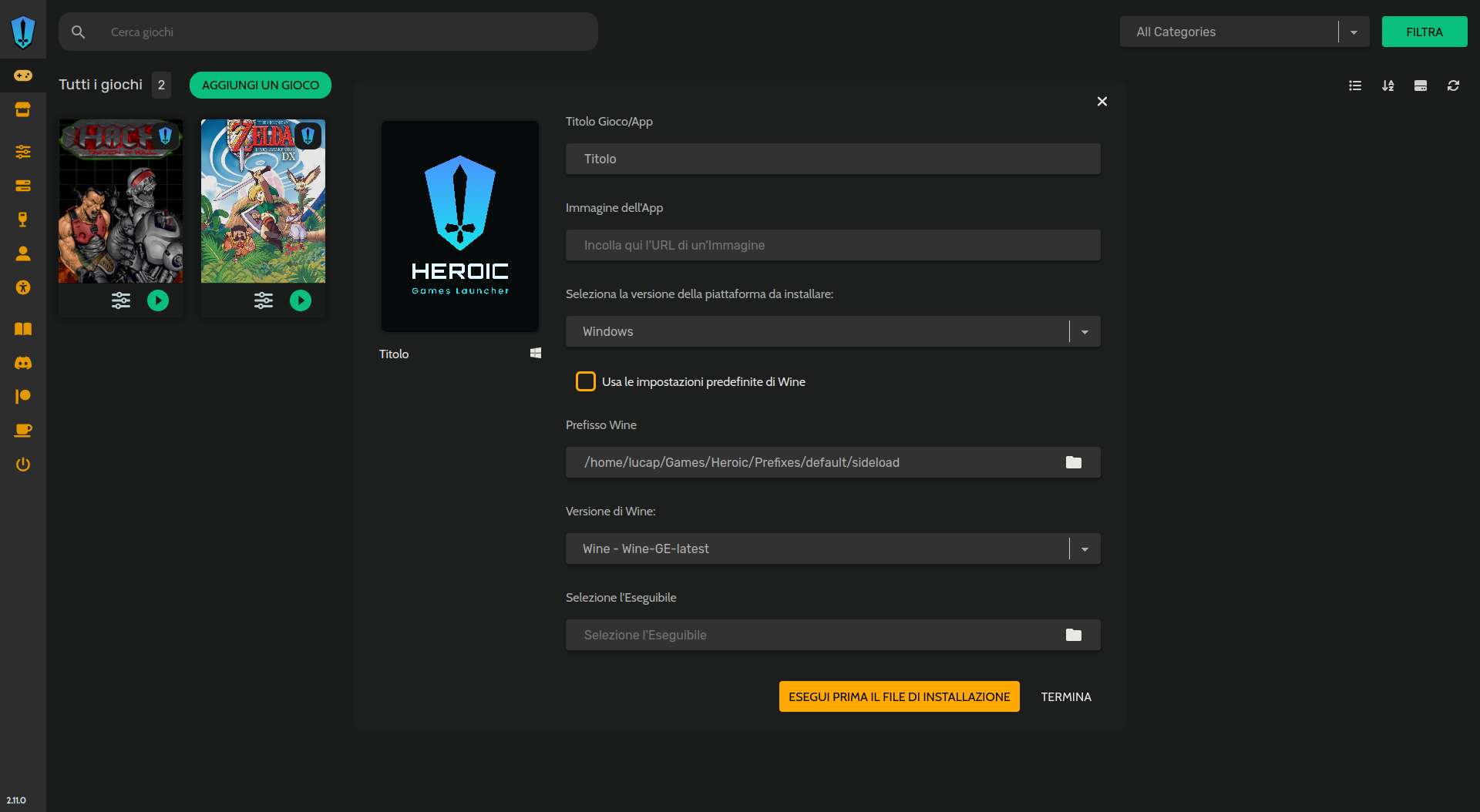 Heroic Games Launcher, aggiunta di un videogioco esterno.