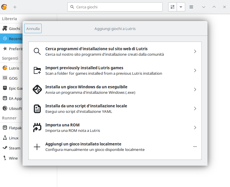 Lutris, schermata per aggiungere un gioco esterno.