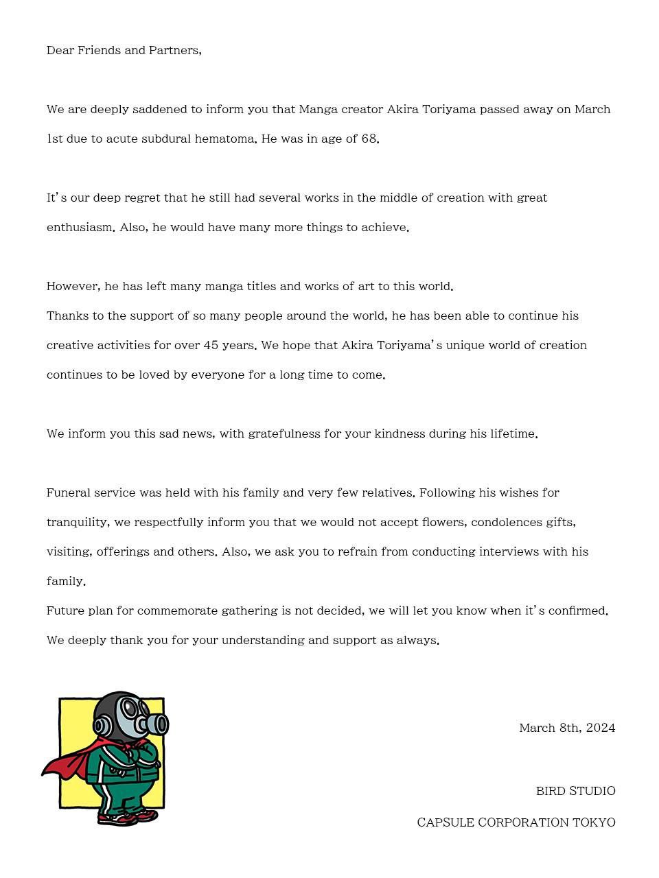 Comunicato Stampa Morte Akira Toriyama