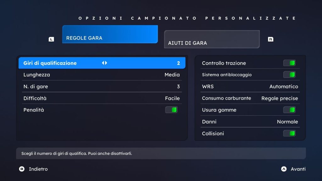 Menu di gioco Formula Legends