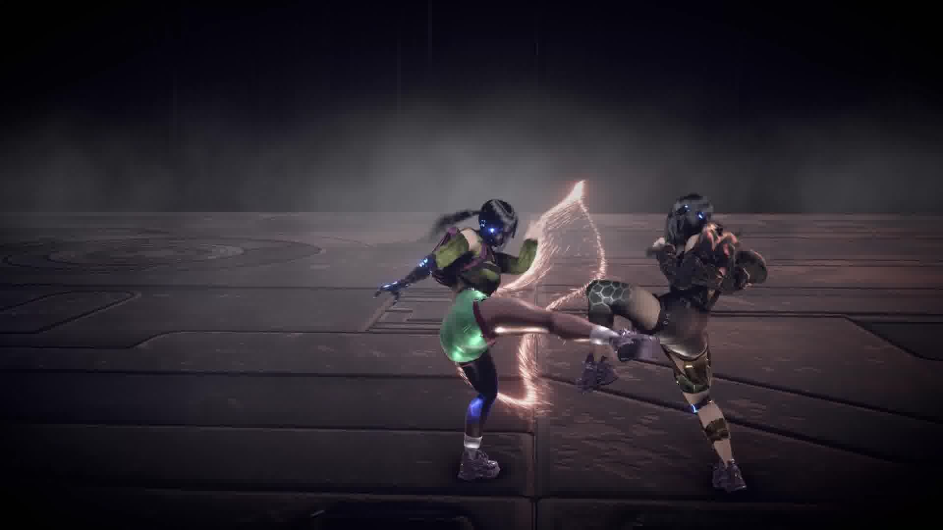 Screenshot di Erased mostrante personaggio in parkour urbano cyberpunk con graffiti colorati e atmosfera neon futuristica