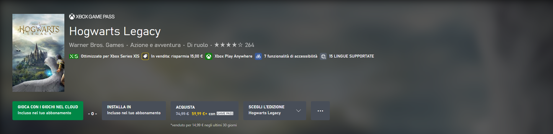 Hogwarts Legacy su Game Pass Premium da 15€ al mese.