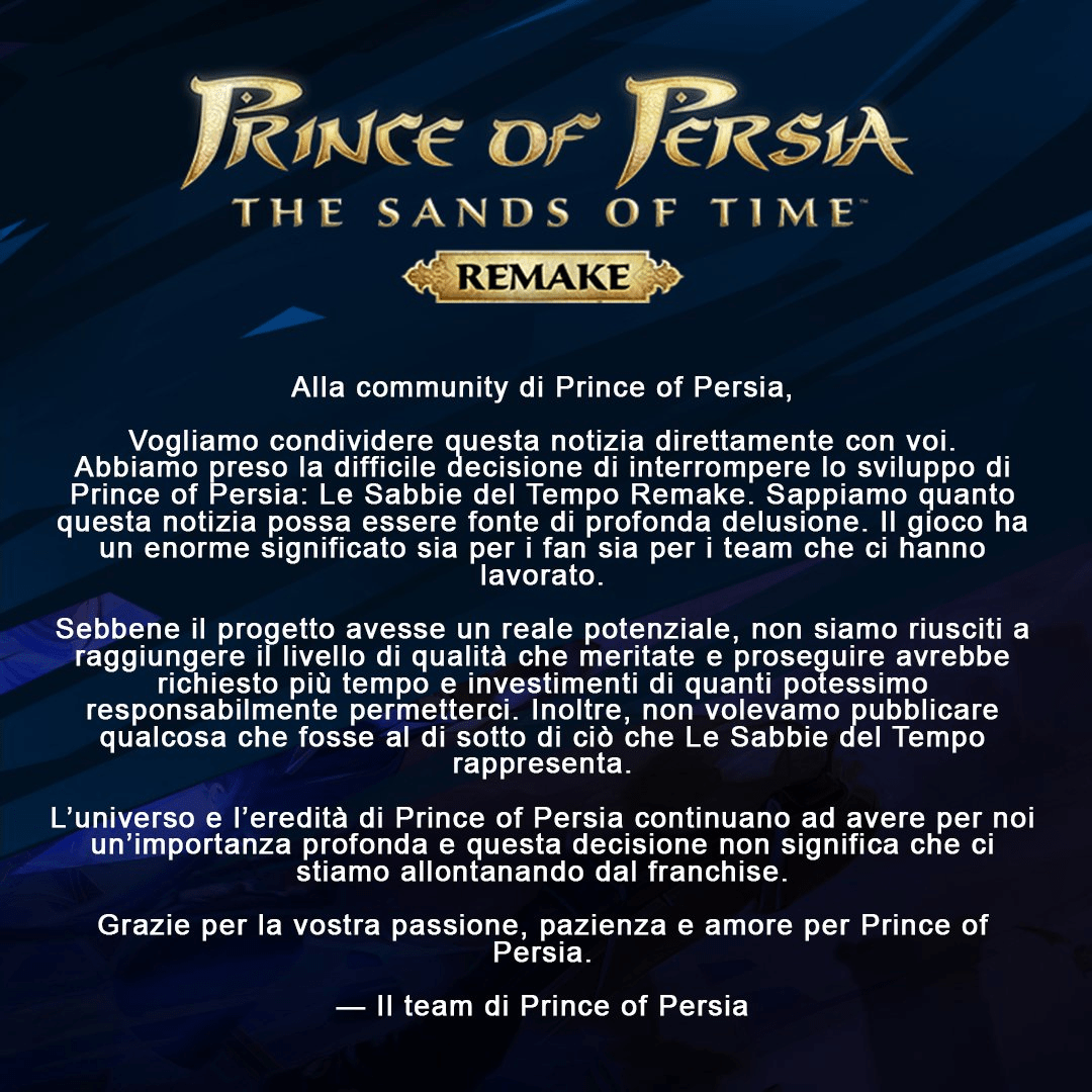 Comunicato Stampa Cancellazione Prince of Persia Remake